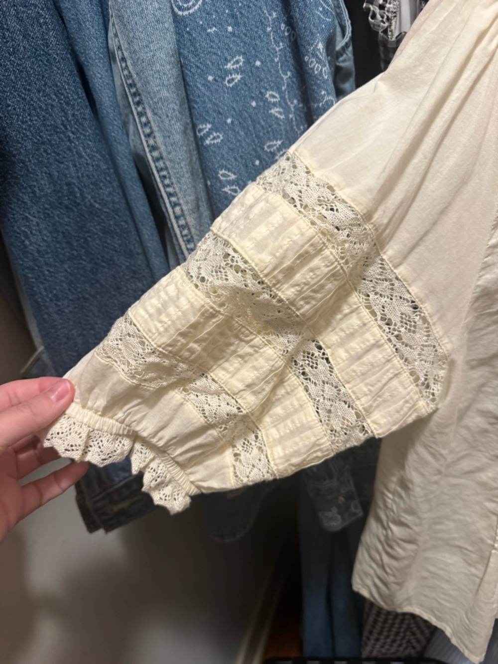 aerie Cream Ruffle Lace Pintuck Blouse - Picture 3 of 5